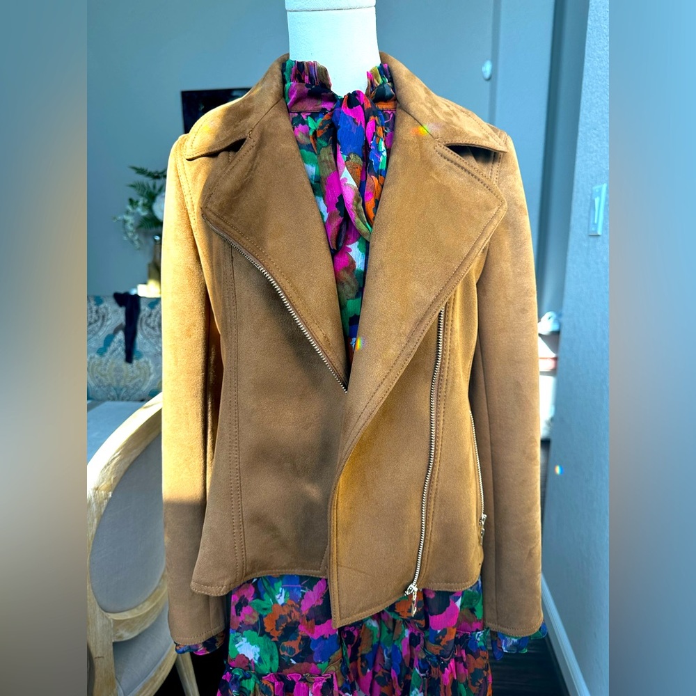 Ann Taylor | Suede camel moto vegan leather jacket with gold accents